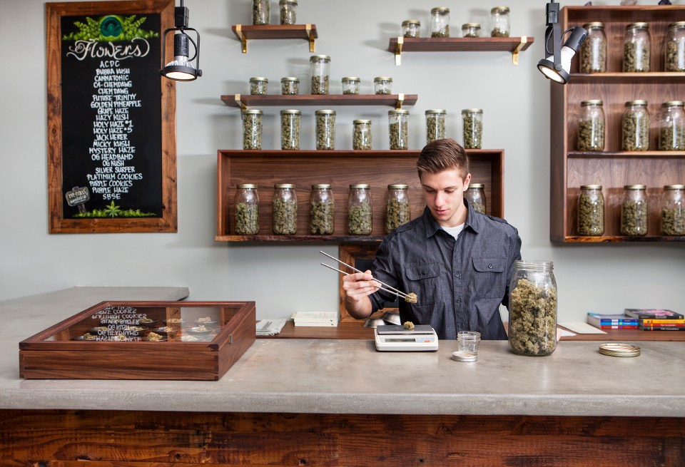 Weighing marijuana in a retail cannabis location.