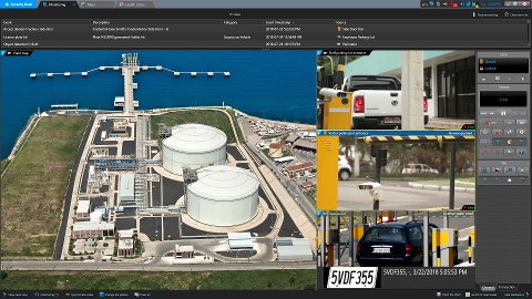Screenshot von Security Center AutoVu, das die Ein- und Ausfahrt von Fahrzeugen in einer Ölraffinerie überwacht