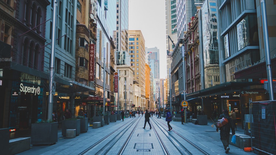 Pedestrian view of a modern downtown area